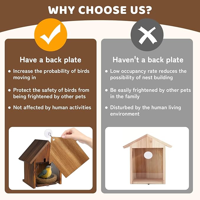 Window Bird Houses for Outside with Stainless Steel Guard, Birdhouse Cover Panel and Adhesive Hooks, Clear for Viewing Inside, Hanging Wooden Birdhouses for Outdoors, for Bluebird Finch Chickadee