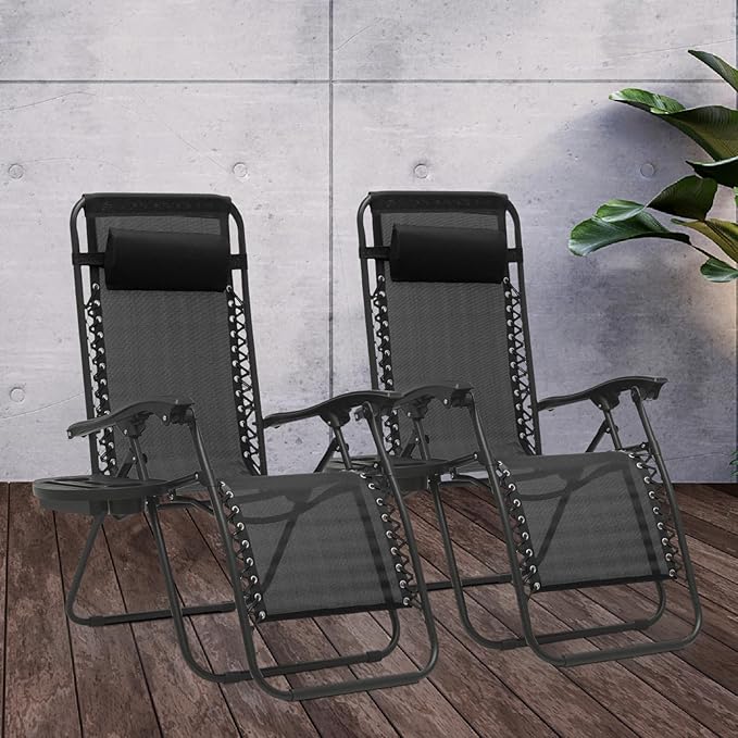 Athena Collection Zero Gravity Chair, Outdoor Lounge Chair with Adjustable Pillow and Cup Holder, Reclining Camping Chair for Outside Beach Lawn Garden Patio Poolside - Black