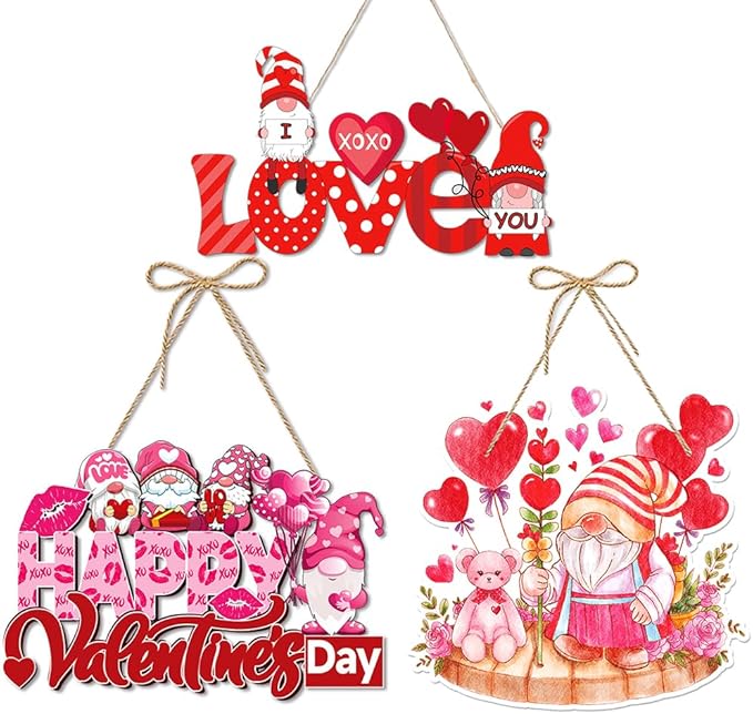 3Pcs Valentine's Day Decorations Romantic Hanging Paper Sign Front Door Hanger Wreath Decor Indoor Outdoor Decor for Valentine Party Home Farmhouse Wall Porch Yard Window Decoration Supplies