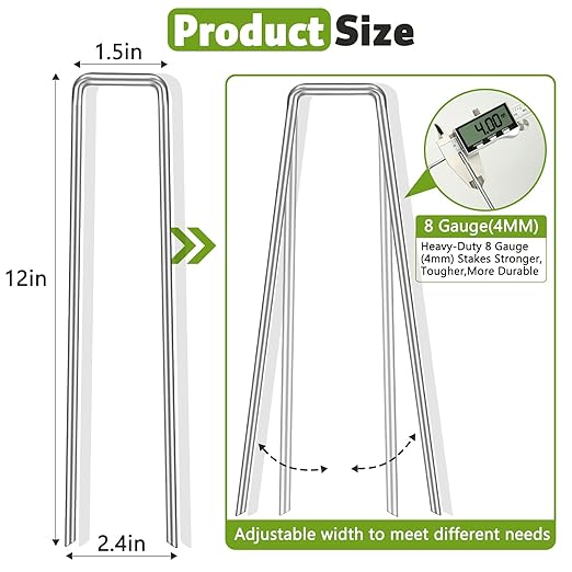 Heavy Duty 12 Inch Galvanized Landscape Staples Stakes, DUNPUTE 50 Pack 8 Gauge Garden Metal Stakes, Ideal for Weed Barrier Stakes, Drip Irrigation Tubing, Landscape Fabric, Lawn and Ground Securing