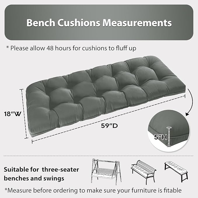 Tufted Bench Cushions for Outdoor Furniture, 59" x 18" Porch Swing Cushions Filled with Foam, Overstuffed Patio Cushions for Bench Loveseat with 2-3 Seats,Thick and Water Resistant, Grey