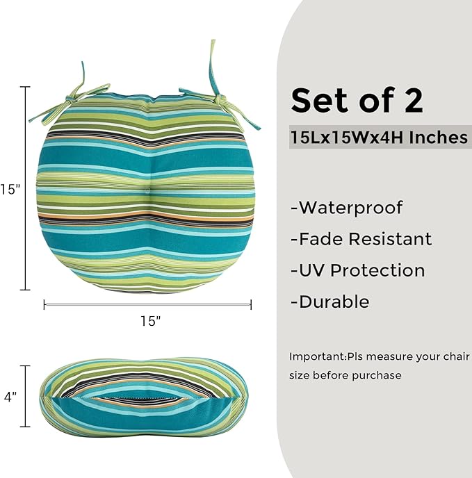 Bistro Chair Cushions 15 inch,Set of 2,Tufted Round Chair Cushions with Ties,15"x15"x4",Water Resistant Round Seat Cushion for Barstool Chairs,Patio Garden Kitchen Outdoor Furniture(Green Stripe)