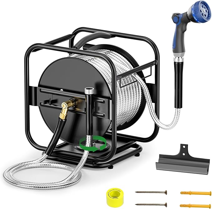SPECILITE Heavy Duty Metal Garden Hose Reel With 100 Ft 304 Stainless Steel & Aluminum Nozzle, Wall Mount/Floor Water Pipe Spool, 360° Rotation Frame, Winder Combo, Black
