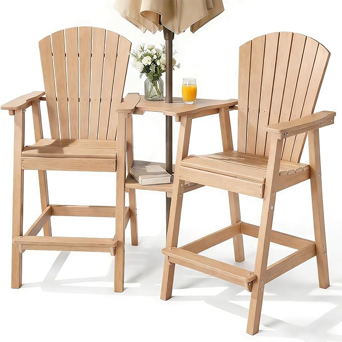 PASAMIC Tall Adirondack Chair Set of 2, All-Weather HDPE Outdoor Chairs with Removable Double Trays, Bar Height Adirondack Chairs for Balcony, Deck, Patio, Backyard, Wood