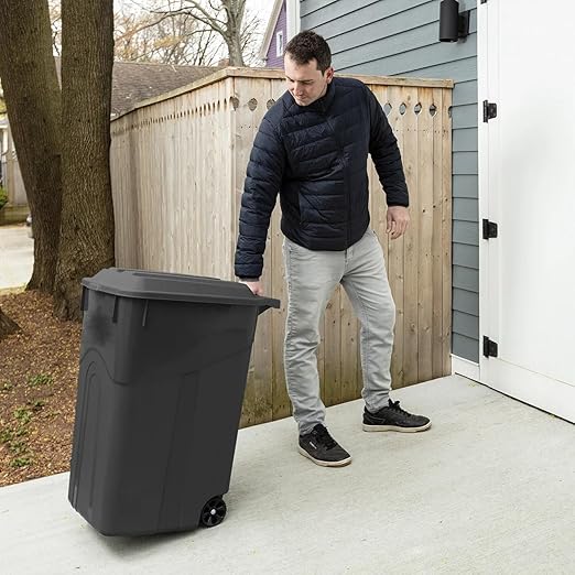 45-Gallon Heavy-Duty Wheeled Trash Can with Attached Lid, Black, Outdoor Garbage Bin