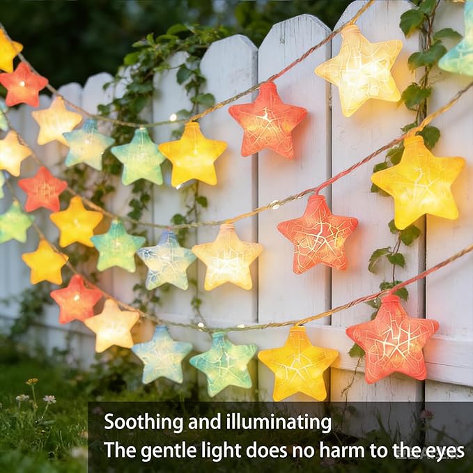 Colorful Crack Star String Lights,Christmas Fairy Lights 20 FT 40 LED Lights with Battery Operated Star Lights,Crack Star Lights for Window Party Wedding Holiday Festival Decoration (Star, 20FT)