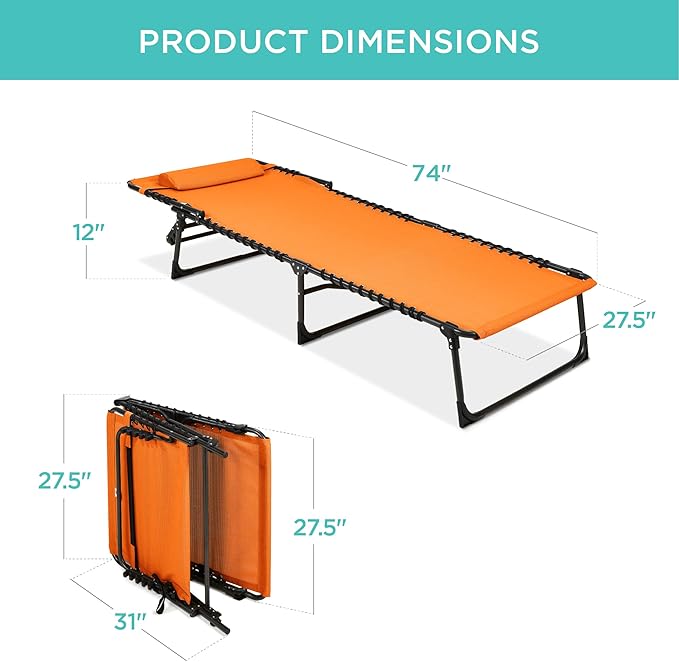 Best Choice Products Patio Chaise Lounge Chair, Portable Outdoor Folding Recliner for Lawn, w/ 8 Positions, Handles, 300lb Capacity - Orange