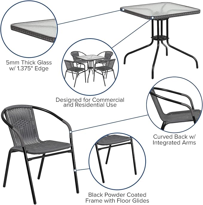 Flash Furniture 5-Piece 28" Square Indoor/Outdoor Patio Table and Chairs Set, Glass Metal Bistro Table and 4 Stacking Rattan Chairs, Gray