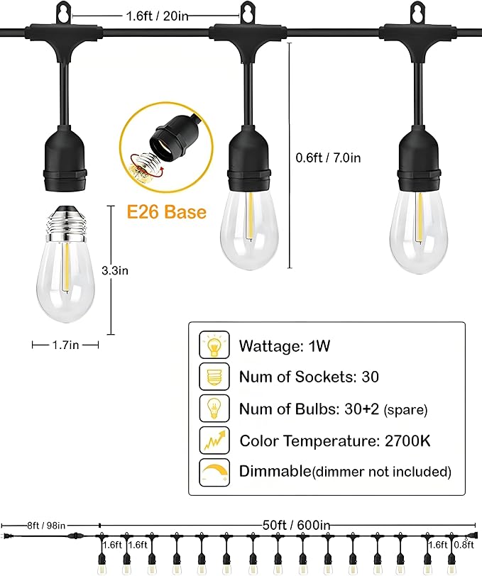 50FT Outdoor String Lights for Patio, Balcony & Porch – 32 LED Edison Bulbs (1.6FT Spacing), Dimmable Heavy-Duty Patio Lights for Backyard, Gazebo, Bistro, Camping, Party and Garden Decor