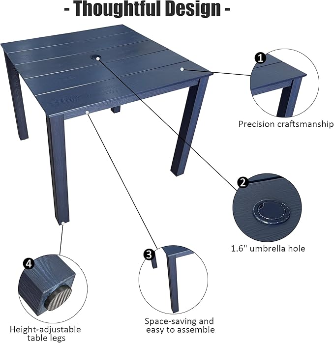 Poly Lumber Patio Dining Table, 36.2-Inches HIPS Outdoor Dining Table with Umbrella Hole, Weather Resistant (Navy Blue, 1 Piece)
