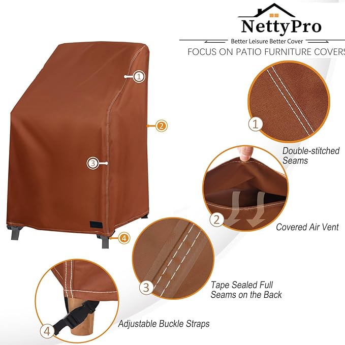NettyPro Stackable Chair Covers 2 Pack Waterproof Outdoor Stack Chairs Cover Patio Furniture Stacking Chair Covers, Fits for 4-6 Stackable Dining High Back Chairs, 28 W x 35 D x 45 H inch, Brown