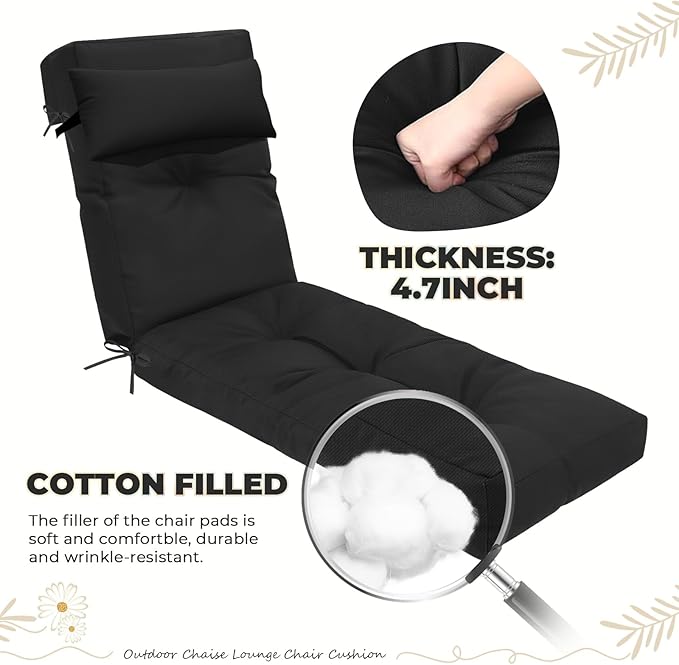 Waterproof Lounge Chair Cushion Outdoor for Chairs, Fade Resistant Chaise Lounger Replacement Cushions with 6 Ties, Thickened Memory Foam Pool Lounge Chair Cushions, 76 x 22 x 4.7 Inches, Black