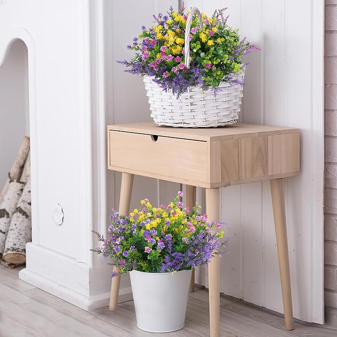 Hananona Artificial Flowers Outdoor, Faux Artificial Plants UV Resistant Plastic Flower Bulk for Hanging Planter Porch Window Home Wedding Fall Summer Decor (12, Fuchsia, Purple, Yellow, Green)