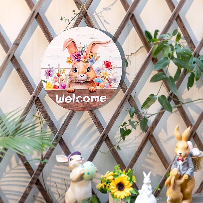 Easter Decorations for Front Door: Spring Wreath Bunny 3D Welcome Sign for Wall Decor Rabbit Wreaths Hanging