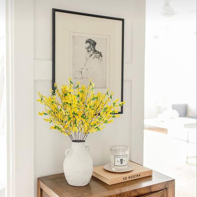 12Pcs Artificial Forsythia Branches: 23.6" Silk Yellow Flowers Faux Forsythia Branches Fake Spring Flowers Artificial for Decoration Wedding Office Home Party Dining Table Vase Indoor Outdoor