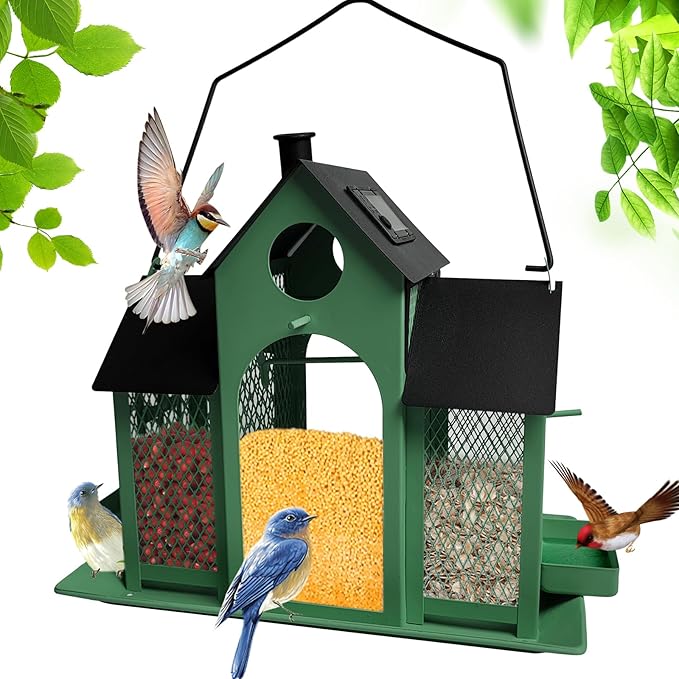 Solar Bird Feeder House for Outside Hanging, Large Capacity Birdhouse Bird Feeders Hanging for Outdoors, Metal Mesh Wild Birdfeeder for Finch Cardinal (Green and Black)