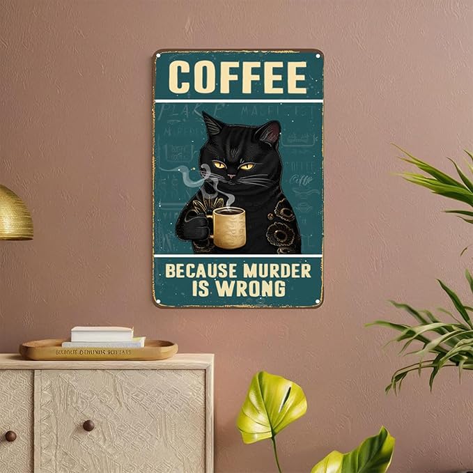 Cat Coffee Sign Aesthetic Decor - Cat Metal Tin Sign 12" x 8" - Vintage Coffee Bar Wall Art for Cat Lovers - Cute Cat Home Decor for Kitchen, Living Room Bathroom