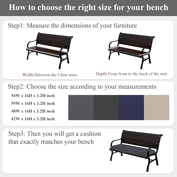 SHACOS Outdoor Bench Cushions 54 x 16 Inch, 3.2 Inch Thick High-Density Bench Cushion, Waterproof & Fade-Resistant Removable Cover with Ties, Bench Seat Cushions for Patio Garden Furniture, Dark Gray