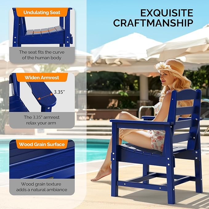 VINGLI Outdoor Dining Chairs Set of 4, HDPE Patio Chairs All-Weather Durable Garden Seating for Poolside, Deck, Porch (Navy Blue, 4 PCS)
