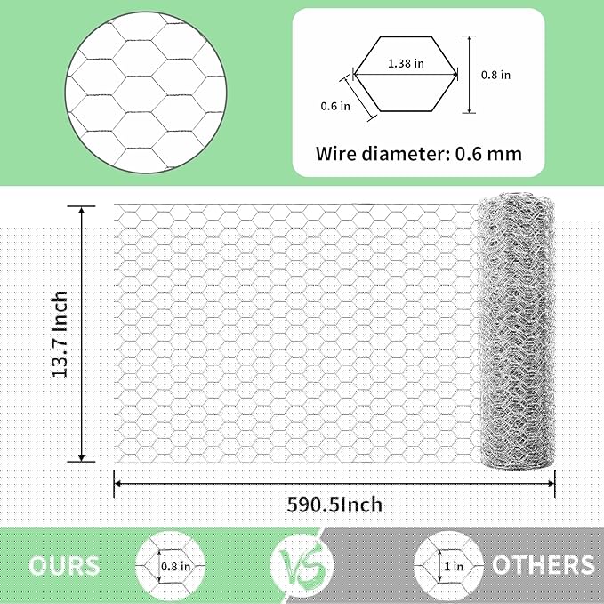 Chicken Wire 13.7 in x 590.5 in Poultry Wire Netting Hexagonal Galvanized Mesh Garden Fence Barrier for Pet Rabbit Chicken Fencing with 100 Pcs Cable Zip Ties