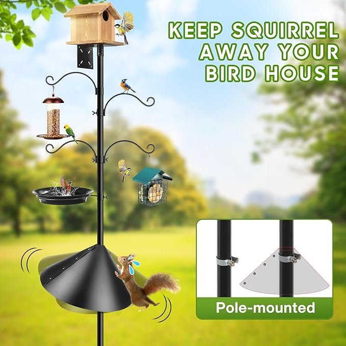 Bird Feeder Station with Squirrel Baffle and Bird Bath,Squirrel Proof for Bird Poles Hanging Feeder Station Kit Adjustable Heavy Duty Metal 5 Prong Base, Patio, Garden Decoration 92IN (Not House)