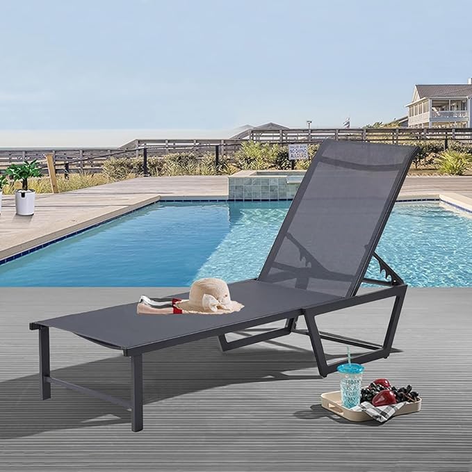 Outdoor Lounge Chair, No Assembly Patio Chaise Lounge Outdoor with 5-Positions, Aluminum Pool Lounge Chair with Portable Design for Pool, Beach, Deck, Backyard,(Grey)