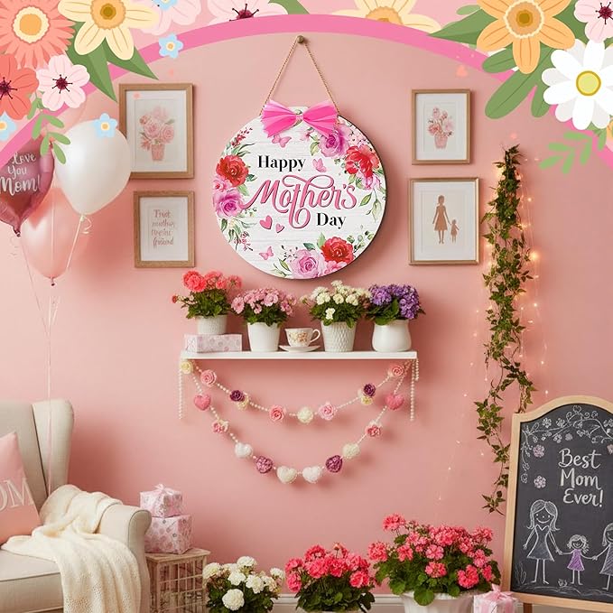 Boao Happy Mother's Day Wooden Door Hanging Sign Pink Welcome Farmhouse Door Decor Vintage Mother's Day Wood Rose Bow Gift Sign Rustic Wall Plaque Ornaments for Window Wall Porch