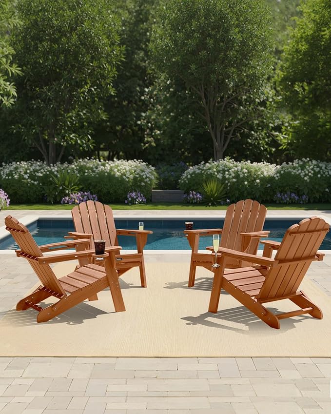 Adirondack Chairs Set of 4, HDPE Material Fire Pit Chairs, Plastic Adirondack Chairs with 2 Cup Holder, Outdoor Lawn Chair for Patio Garden, Teak
