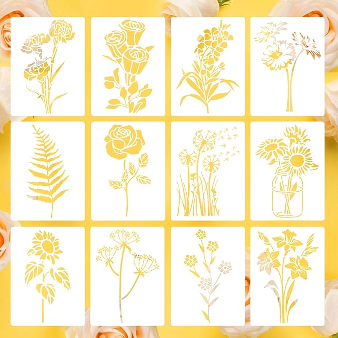 12 PCS Flower Stencils Reusable Rose Sunflower Hibiscus Templates Floral Drawing Stencils for Wood Garden Fence Furniture Fabrics DIY Home Decor 7.9 x 5.1 Inch
