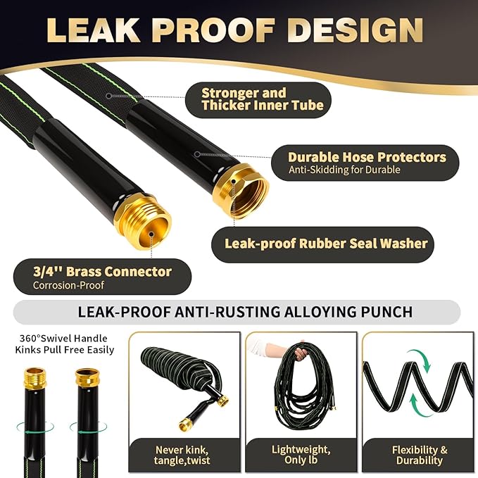 Garden Hose 25 ft Water Hose Flexible Heavy Duty Outdoor Lightweight No Kink Long Non-Expandable High Pressure Flat Hoses Pipe 100’ Strong 3/4’’ Brass Fitting for Outside Yard Lawn Car Wash