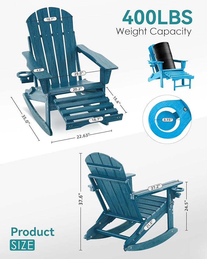 Adjustable Adirondack Rocking Chair with Retractable Ottoman, 4-in-1 Multifunctional Folding Patio Chair with Cup Holder, Outdoor Chair Wood Texture for Lawn,Porch, Backyard,Pool(Navy Blue)