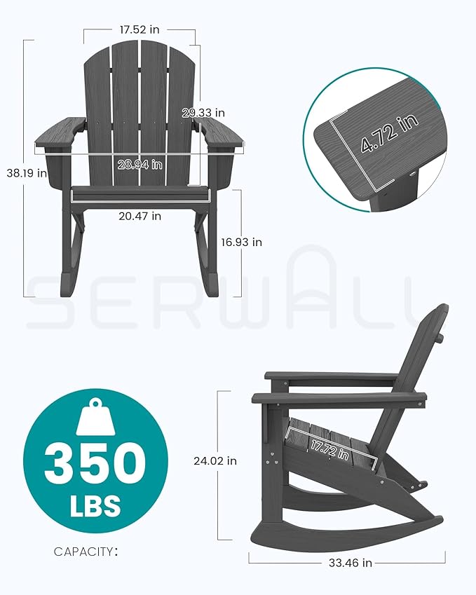 SERWALL Outdoor Adirondack Rocking Chair, All-Weather HDPE Porch Rocker Chair, Patio Adirondack Rocker Chair for Lawn Porch Deck, Grey