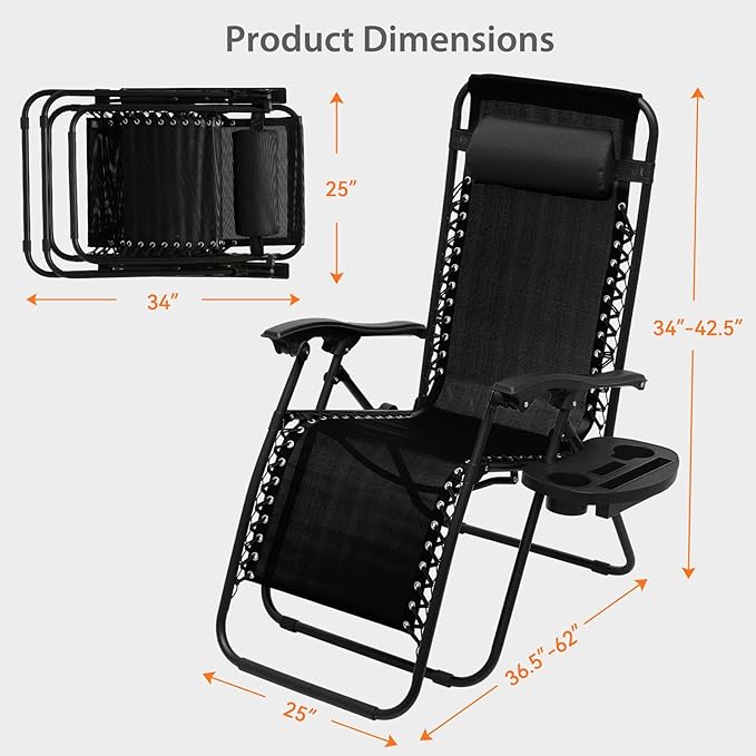 Zero Gravity Chairs, Portable Folding Reclining Lounge Chairs with Adjustable Pillow and Cup Holder Trays for Outdoor, Patio, Beach, Camping, Garden, Poolside, Black