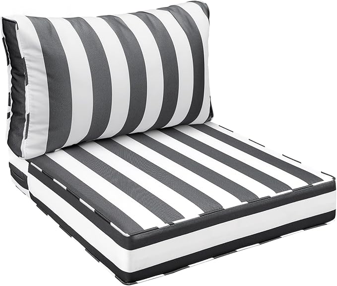 AAAAAcessories Outdoor Seat Cushions for Chairs, Fade-Resistant, Waterproof Patio Furniture Replacement Cushions, 23" x 23" x 5" + 23" x 13.5", Gray Cabana Stripe