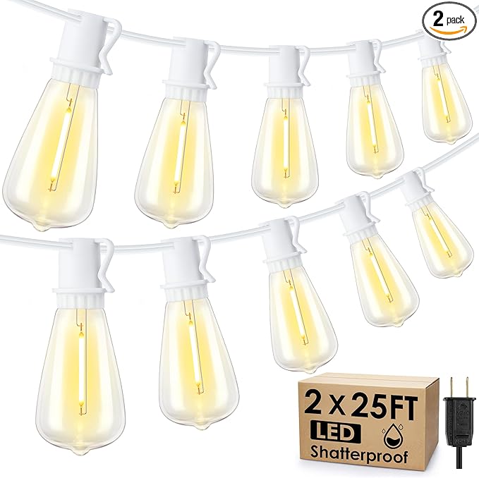 50FT(2x25FT) Outdoor String Lights, Patio Lights with 20+2 LED Dimmable Waterproof ST38 Vintage Bulbs for Wedding Garden Party Decor, White