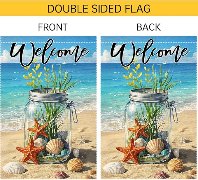 Sea Shell Starfish Mason Jar Garden Flag 12x18 inch Vertical Double Sided Coastal Burlap Outdoor Lawn Beach Welcome Summer Garden Flags Decorations