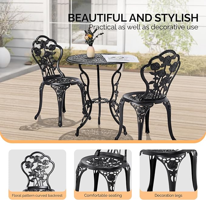 VINGLI 3 PCS Outdoor Bistro Set, Outdoor Patio Set, All-Weather Cast Aluminum Bistro Table Set, Bistro Table and Chairs Set of 2 for Backyard, Garden, Balcony (Black, Rose)