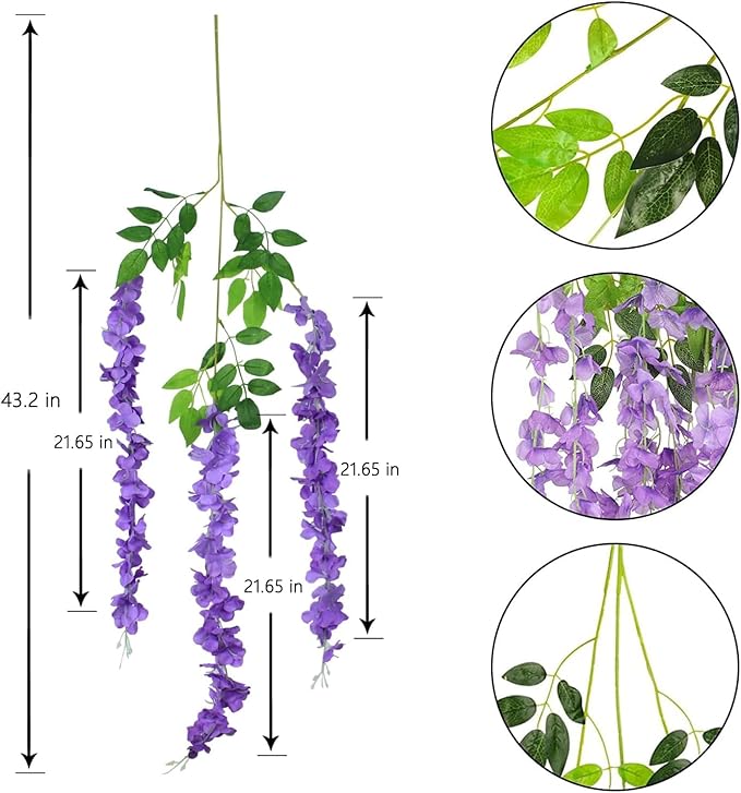 48pcs Artificial Wisteria Flowers 3.6 Feet/Piece Purple Dense Artificial Fake Wisteria Vine Ratta Hanging Garland Silk Flowers String Home Party Wedding Decor（Purple-Dense）