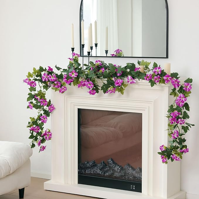 mizii Artificial Petunias Flower Vines Garland 6 Feet Purple Faux Morning Glory Silk Flowers Garland UV Resistant Fake Hanging Vines Plants Decorations for Outdoor Garden Indoor Home Decor (Purple)