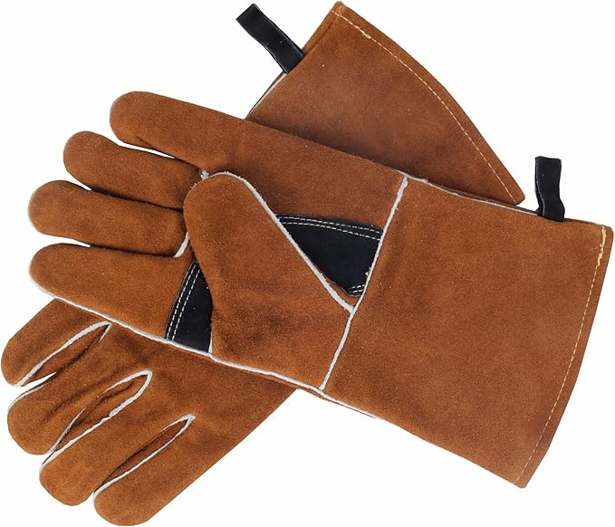 Leather Fireplace Gloves Heat Resistant for Mig,Tig welding,Stick,Forge,BBQ,Grill, Wood Stove,Fireproof Stitching