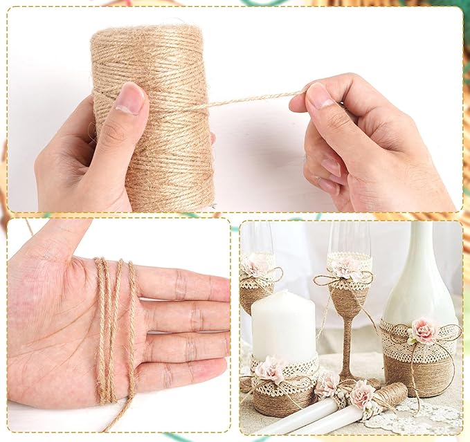 Natural Jute Twine String, 394 Feet 2mm Twine Rope, Heavy Duty and Thick Twine for Crafts Gardening, Baling Plant String for Climbing Plants,Gift Wrapping, Crafting Floristry