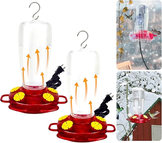 2 Pack Heated Hummingbird Feeders for Winter Outdoors, 15oz Plastic Humming Bird Feeder for Winter with 4 Feeding Ports, Easy Cleaning and Filling Window Hummingbird Feeder with Suction Cup and Hook