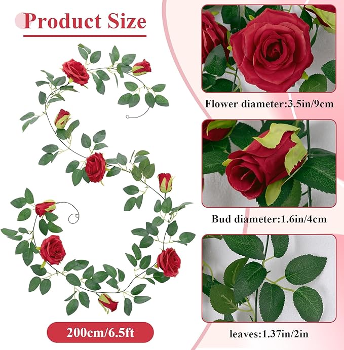U'Artlines 3 Pack Artificial Red Rose Vines Floral Garlands Total 19.5 Ft Fake Vine Silk Flower Garland for Indoor Outdoor Home Wedding Arch Garden Wall Decoration