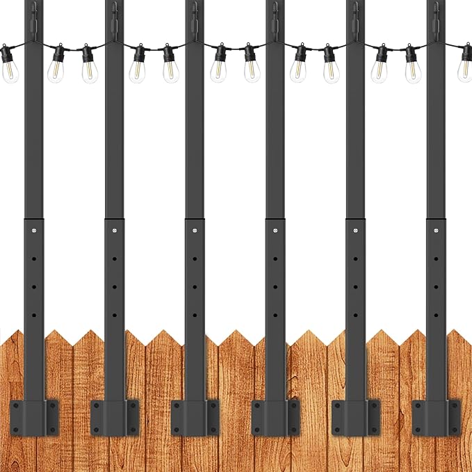 LETIANPAI 2.8Ft String Light Poles 6 Pack,Light Poles for Outside Lights,Outdoor with Fence Brackets Hanging Lights,Metal Stand Deck Patio Backyard