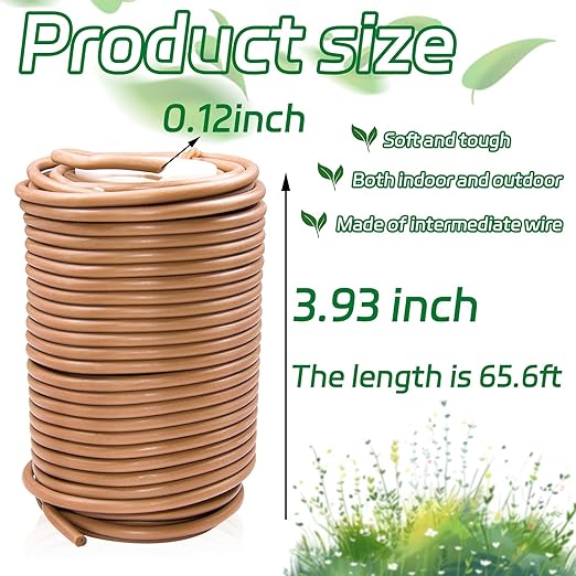 1 Roll Flexible Plant Ties, 65 ft Soft Plant Ties Garden Twist Ties for Outdoor Plants, 3.5 mm Garden Ties for Climbing Plants, Flowers, Tomatoes, Plant Support, Home Office Organization (Brown)