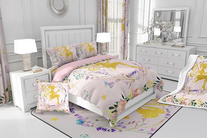 Erosebridal Dreamy Fairy King Bedding Set,Fairy Garden Floral Comforter Set for Girls Kids,Pink Flower Butterfly Comforter,Sweet Princess Cute Bedroom Room Decor,2 Pillowcases All Season