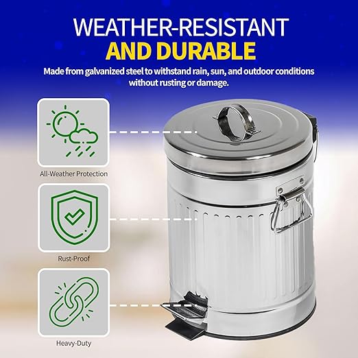 Pet Fit For Life - Steel Trash Can with Lid, Steel Galvanized Trash Can, Step Foot Pedal, Plastic Inner Lining, Custom Liner Bags, Weather-Resistant Outdoor Bin for Yard, 16" Tall, 5L/1.3 Gallons