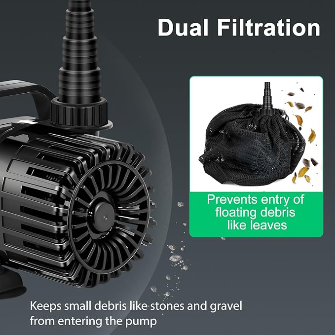 150W 3200GPH Submersible Pond Pump for Outdoor Ponds, with 180° Adjustable Outlet, Barrier Bag & 20FT Power Cord, Ultra-Quiet Fountain Pump, Waterfall Pump, UL Listed