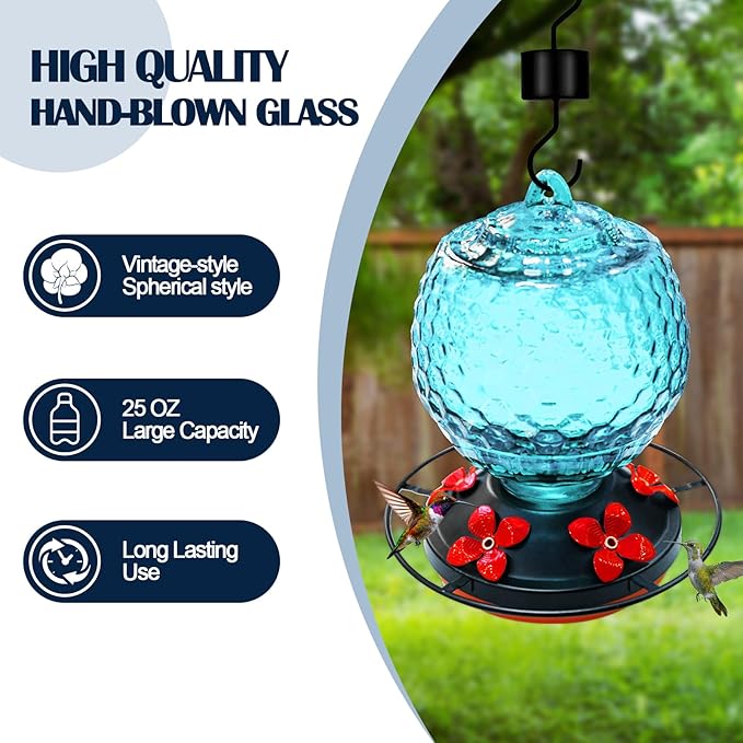 Glass Hummingbirds Feeder for Outdoors Hanging,25 OZ Humming Birds Feeder for Outdoors,Hummingbird Gifts,Gardening Gifts for Women(Blue)