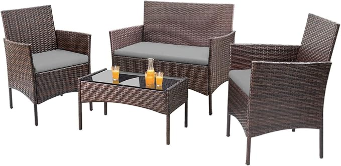 Homall 4 Pieces Outdoor Patio Furniture Sets Rattan Chair Wicker Set, Outdoor Indoor Use Backyard Porch Garden Poolside Balcony Furniture Sets (Grey)
